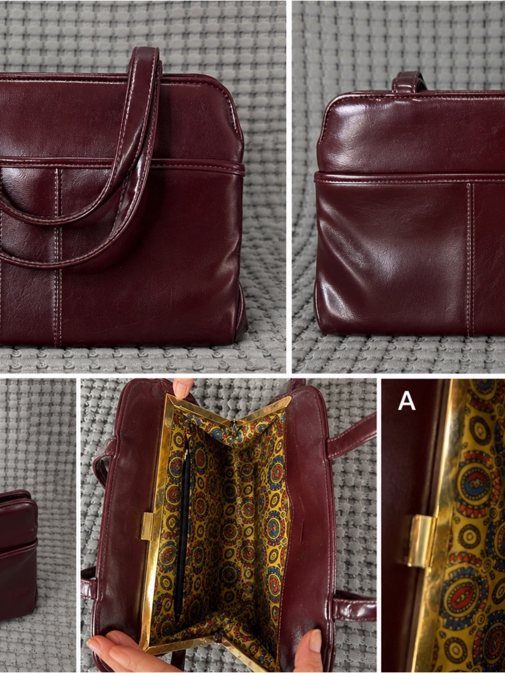 Classic Burgundy Leather Shoulder Bag with Patterned Interior